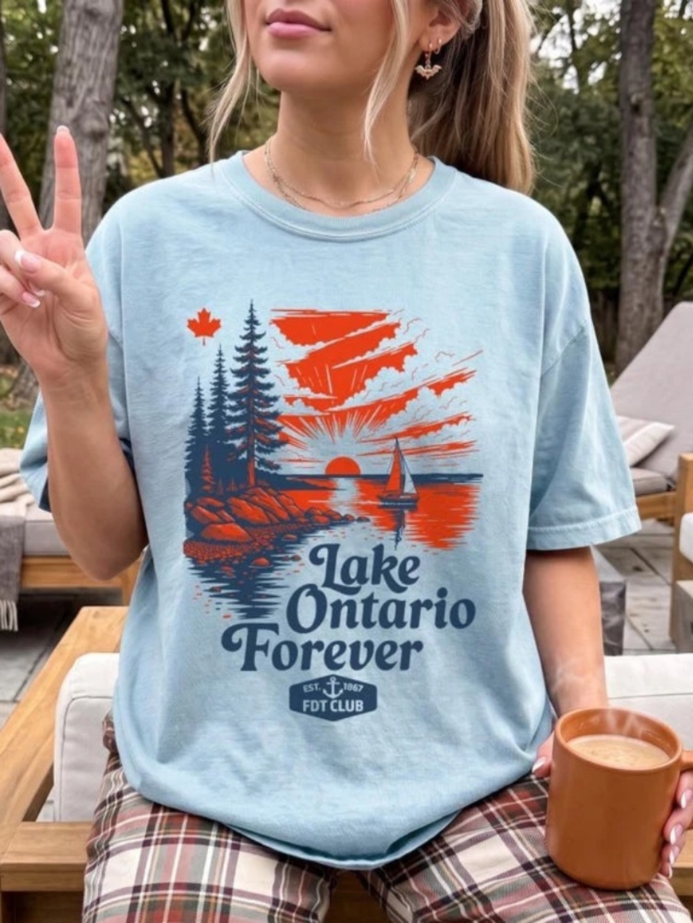 Lake Ontario Forever Canada Vintage Sunset Sailboat Graphic Tee - Light Blue